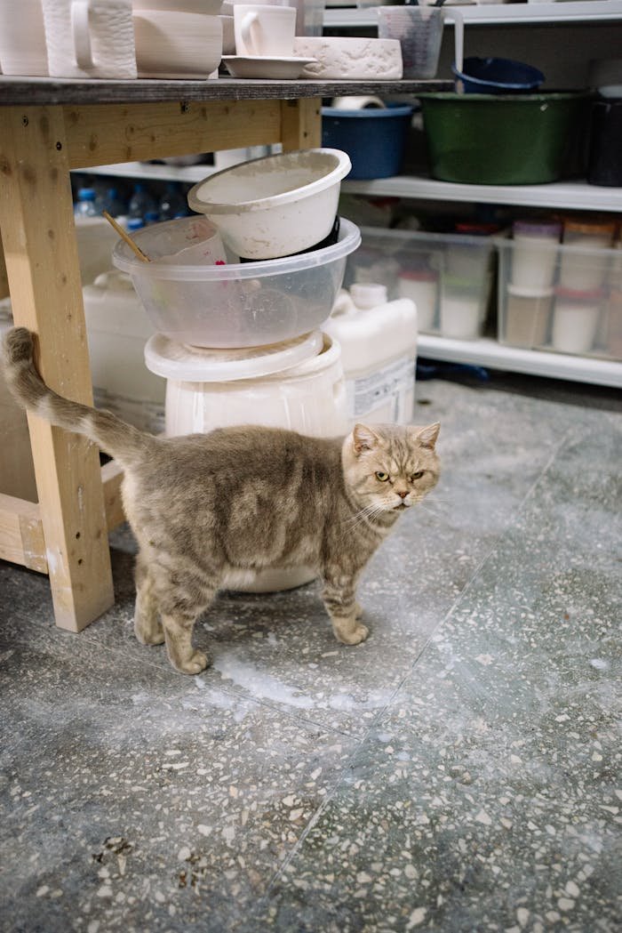 A curious domestic cat walks around in a pottery workshop filled with tools and supplies.